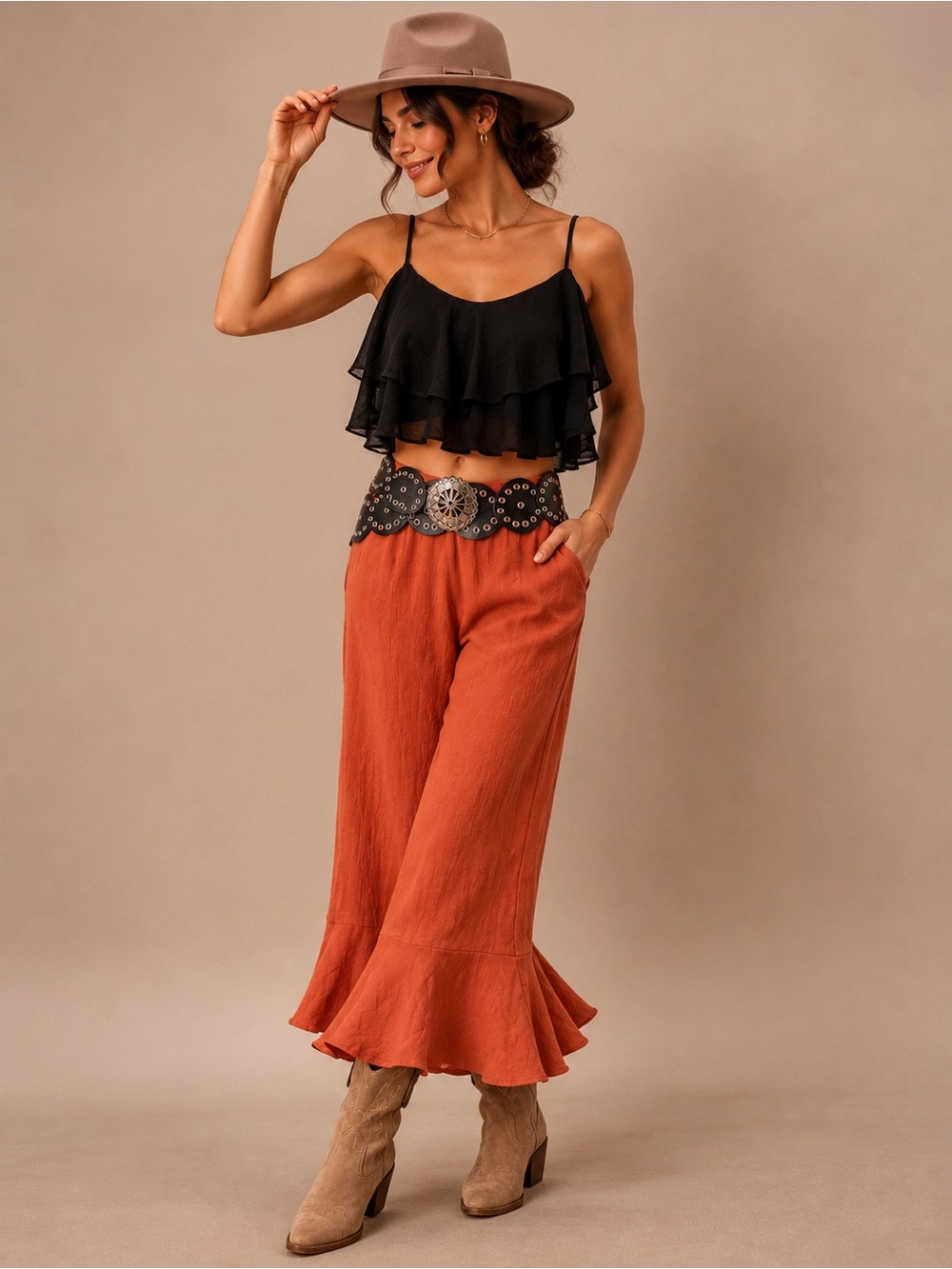 Women's Ruffle Hem Wide-Leg Pants in Rust